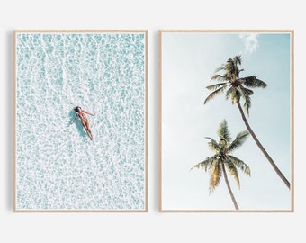 Aerial Beach Print, Set of 2 Beach Photography, Palm Print Summer Poster, Ocean Wall Art,Woman Swimming,  Turquoise Water,Tropical Waves Art