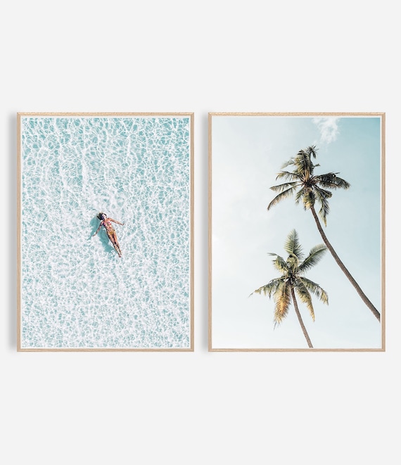 Aerial Beach Print, Set of 2 Beach Photography, Palm Print Summer Poster, Ocean Wall Art,Woman Swimming,  Turquoise Water,Tropical Waves Art