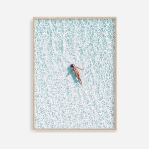 Aerial Beach Print, Modern Beach Photography Summer Poster Ocean Wall Art Woman Swimming People On Beach Turquoise Water Tropical Waves Art