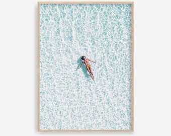 Aerial Beach Print, Modern Beach Photography Summer Poster Ocean Wall Art Woman Swimming People On Beach Turquoise Water Tropical Waves Art