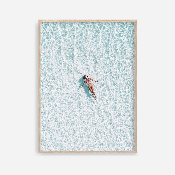 Aerial Beach Print, Modern Beach Photography Summer Poster Ocean Wall Art Woman Swimming People On Beach Turquoise Water Tropical Waves Art
