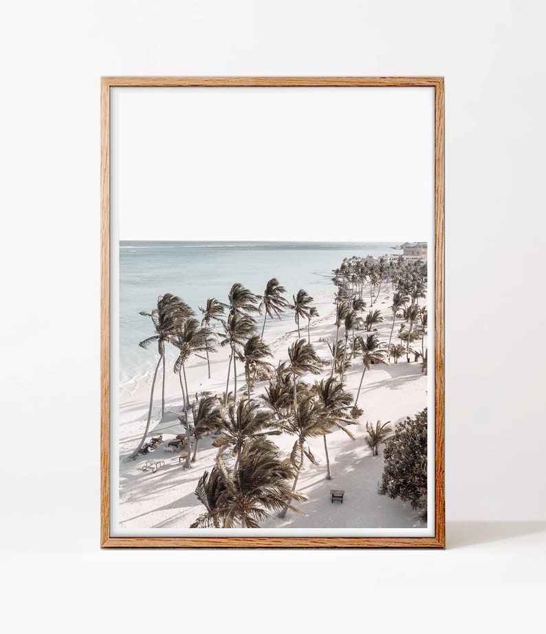 May include: An aerial view of a tropical beach with palm trees swaying in the wind. The white sand beach is lined with palm trees and the turquoise ocean is in the background.