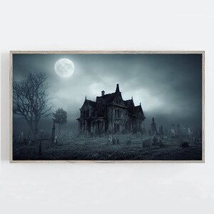 Haunted House Frame TV Art Halloween Wall Art Moonlight Frame TV Spooky Digital For Frame TV Halloween Painting  Decor Creepy Halloween Art