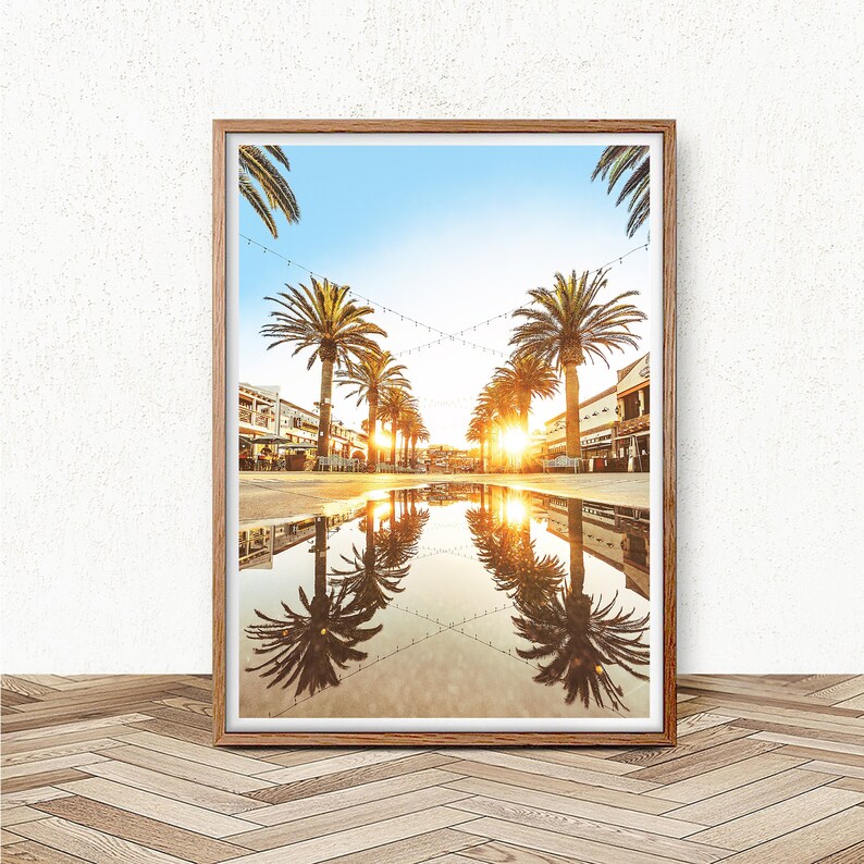 May include: A framed photograph of a city street lined with palm trees, reflecting in a puddle of water. The sun shines brightly in the background, casting a warm glow over the scene.