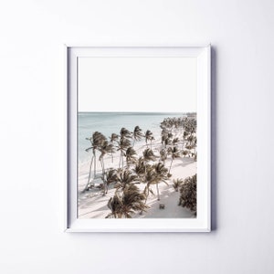 May include: An aerial view of a white sandy beach with palm trees lining the shore. The ocean is a light blue color and the sky is a clear white.