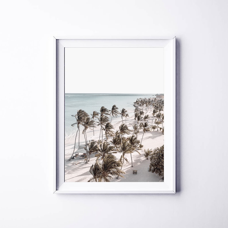 May include: An aerial view of a white sandy beach with palm trees lining the shore. The ocean is a light blue color and the sky is a clear white.