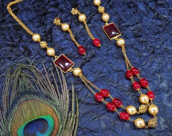 Pearl Beaded Kundan 3 Layered Necklace Earrings Indian Bollywood Jewellery Set