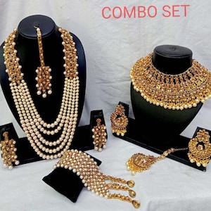 Indian Pearl Combo Jewelry Bollywood Fashion Gold Plated Necklace Earring Bracelet Set