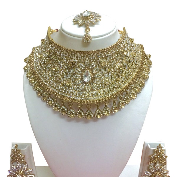 Indian Bollywood Style Fashion Gold Plated Bridal Jewelry Necklace Earring Set For Women