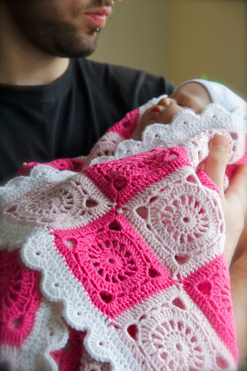 Pink Crochet Flowers Warm Winter Baby Shower Gift Hypoallergenic Ultra Soft Merino Wool Newborn Baby Girl Coming Home Blanket