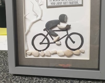 Fathers day gift Anniversary gift Pebble art cyclist Retirement gift Person riding a bike Personalised Pebble Art
