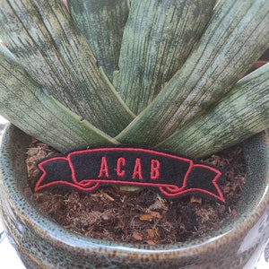 Può includere: Una toppa ricamata nera e rossa con il testo "ACAB" su uno stendardo. La toppa è appoggiata su terra marrone in un vaso.