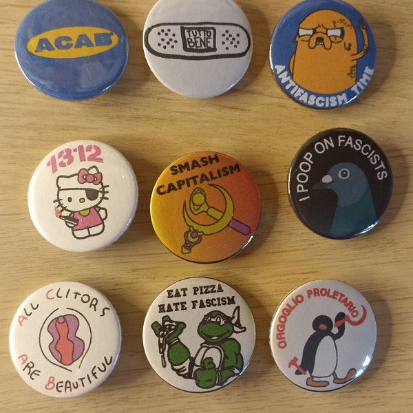 Pins- Antifa-1312-AntiSexism-Communism-Proletariat-Ahab-All is well-Smash Capitalism-I Poop on
