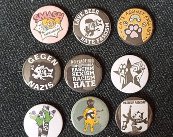 "Antifa-Ahab-Antisexism-Vegan" pins