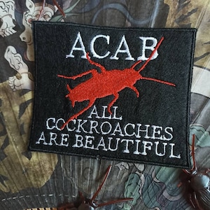 Può includere: Toppa ricamata nera con uno scarafaggio rosso e il testo "ACAB All Cockroaches Are Beautiful".