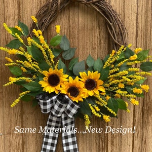 24” Yellow Sunflower Wreath for Front Door, Farmhouse Wreath, Year Round Wreath, Spring, Summer, Fall, Buffalo Check Bow