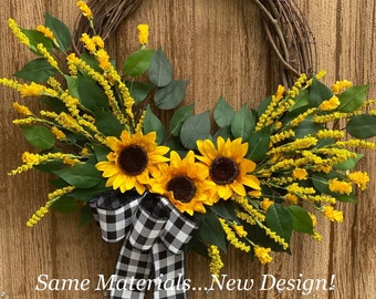 24” Yellow Sunflower Wreath for Front Door, Farmhouse Wreath, Year Round Wreath, Spring, Summer, Fall, Buffalo Check Bow