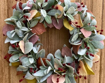 Fall Lambs Ear Wreath for Front Door, Farmhouse Wreath, Fall Aspen Leaves, Door Decor, Porch Decor, Autumn, Thanksgiving Wreath