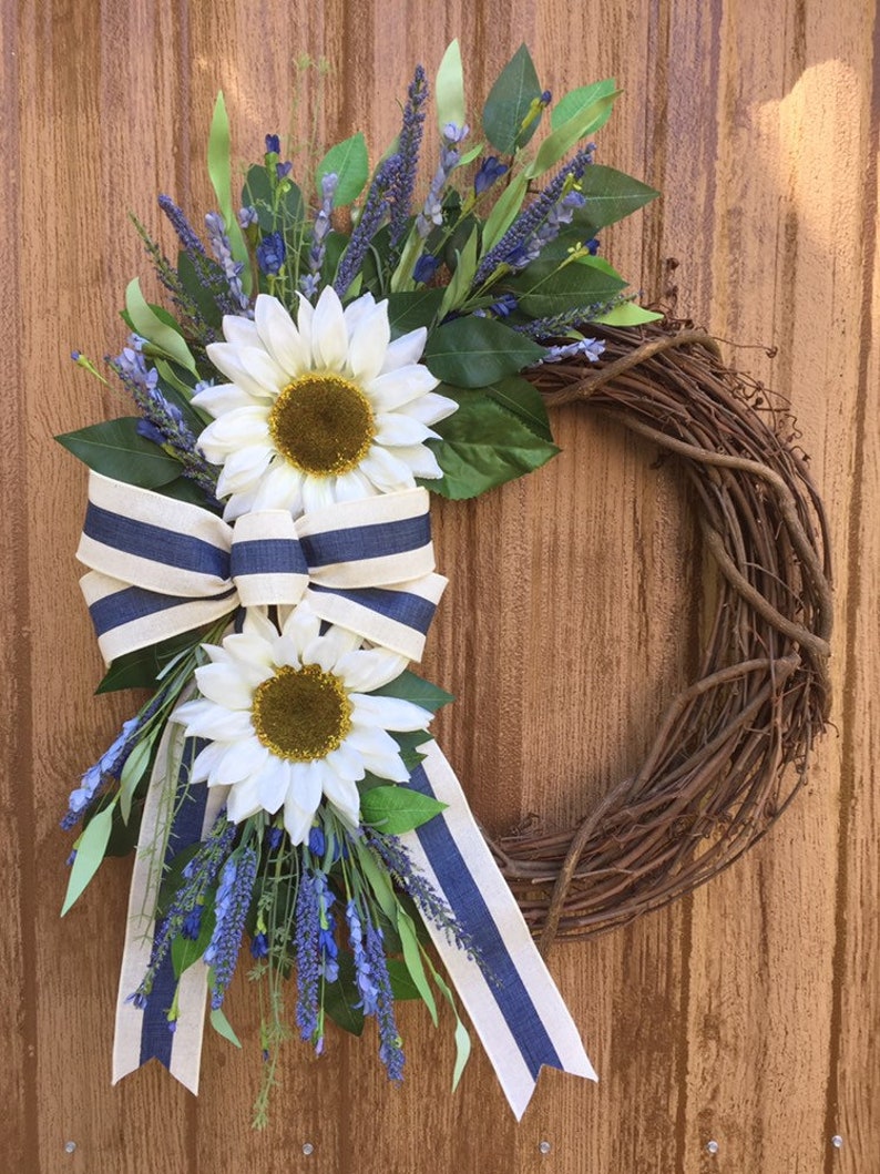 Cream Sunflower and Blue Lavender Wreath Farmhouse Wreath Etsy