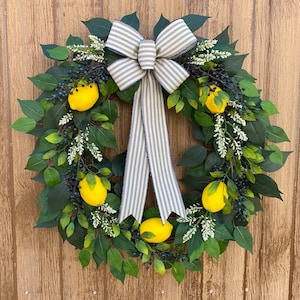 24” Lemon and Wild Blueberry Grapevine Wreath, Spring and Summer Wreath, Housewarming Gift, Mother's Day Gift, Navy Ticking Stripe Ribbon