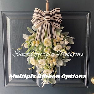 Year Round Swag Wreath for Front Door, Farmhouse Swag, White Ranunculus and Lambs Ear, Everyday Wreath, Neutral Decor, Black and Ivory Bow