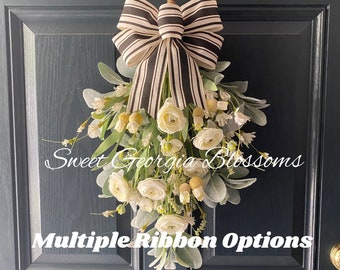 Year Round Swag Wreath for Front Door, Farmhouse Swag, White Ranunculus and Lambs Ear, Everyday Wreath, Neutral Decor, Black and Ivory Bow