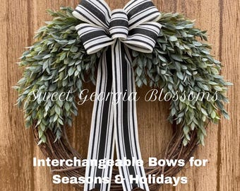 Everyday Greenery Grapevine Wreath: Ruscus Greenery, Interchangeable Bow, Farmhouse Style, Year Round Decor