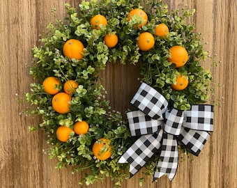 Orange Wreath for Front Door, Everyday Wreath, Winter Citrus Wreath, Greenery with Mini Oranges, Buffalo Check, Kitchen Wreath, Fruit Wreath