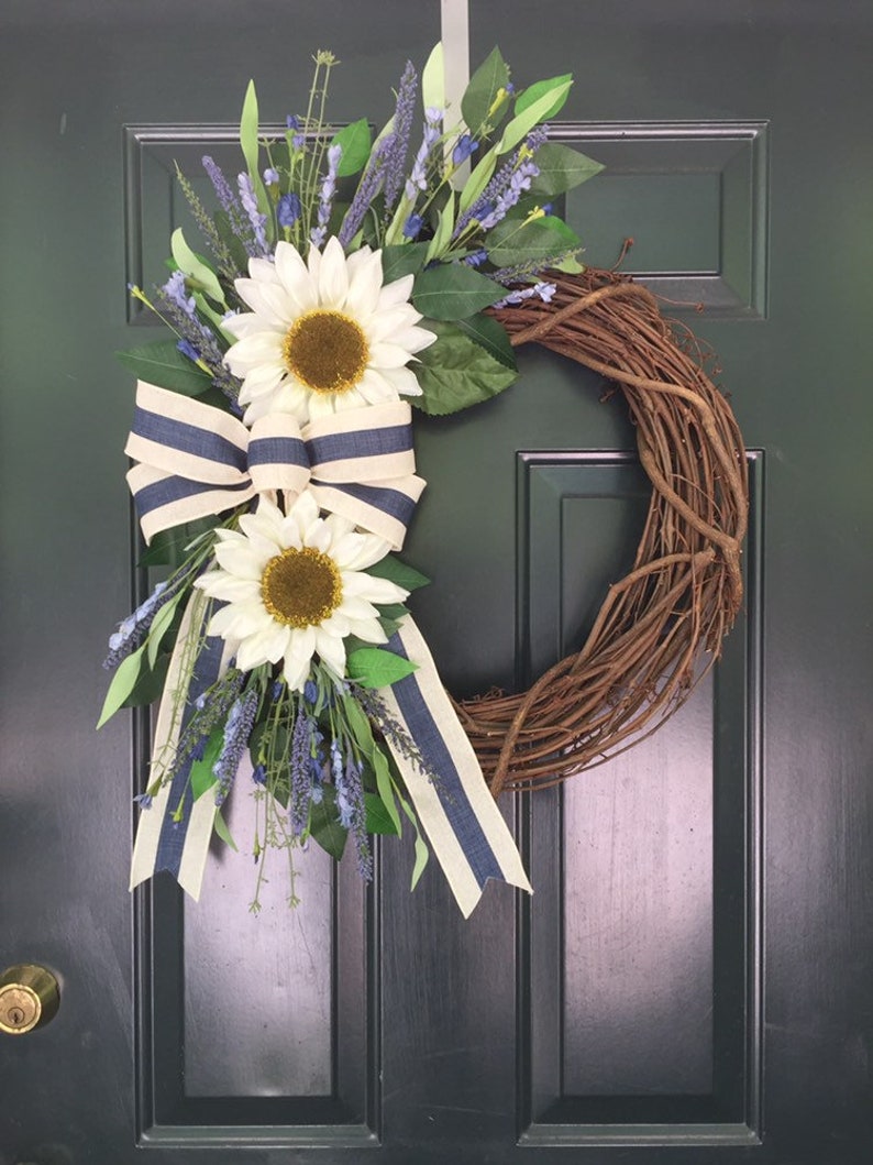 Cream Sunflower and Blue Lavender Wreath Farmhouse Wreath Etsy