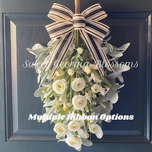 Year Round Swag Wreath for Front Door, Farmhouse Swag, White Ranunculus and Lambs Ear, Everyday Wreath, Neutral Decor, Multiple Bow Options