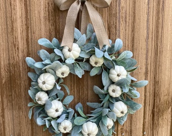 Fall Lambs Ear Wreath: Cream Pumpkins, Farmhouse, Cottage Decor, Neutral, Thanksgiving Wreath