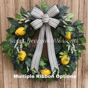 24” Lemon and Wild Blueberry Grapevine Wreath: Multiple Bow Options, Summer Door Decor