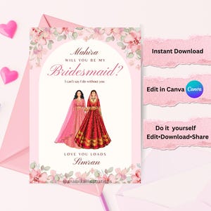 Biglietto di proposta per damigella d'onore indiana / Modificabile in Canva / Download immediato / Regalo di nozze Desi / Richiesta per damigella d'onore / Matrimonio sud-asiatico