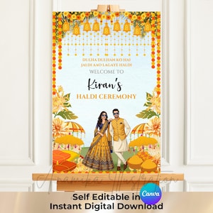Könnte beinhalten: Ein vertikales Willkommensschild für eine Haldi-Zeremonie mit gelben Ringelblumen-Girlanden, hängenden Glocken und einer Illustration eines Paares in traditioneller Kleidung. Der Text lautet: DULHA DULHAN KO HAI JALDI AAO LAGAYE HALDI, WELCOME TO Kiran's HALDI CEREMONY.
