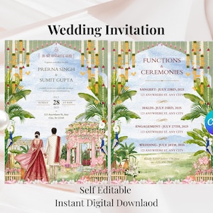 Puede incluir: Una invitación de boda con un diseño de acuarela. La invitación presenta los nombres de Prerna Singh y Sumit Gupta, junto con los detalles del evento. El diseño incluye ilustraciones de una pareja, elementos florales y motivos de pavo real. El texto incluye "Wedding Invitation" y "Functions & Ceremonies."