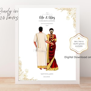 South Indian wedding Congratulation gift, Kerala Wedding Portrait, Tamil Couple gift, Wedding Memories Keepsake, Personalised Wedding gift