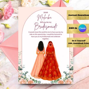 Voorstelkaart voor Indiase bruidsmeisjes | Bewerkbaar in canvas | Direct downloaden | Desi-huwelijkscadeau | Bruidsmeisje vragen | Zuid-Aziatische bruiloft
