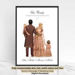Pode incluir: Retrato de família emoldurado com o texto «Our Family». A imagem mostra um casal e duas crianças, todos vestidos com roupas marrons e douradas. Os nomes «Amy, Daddy, Mommy, Mishika» estão escritos na parte inferior. Download digital.