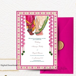 Puede incluir: Una invitación de boda para descargar digitalmente con un borde floral rosa y blanco. La invitación incluye ilustraciones en acuarela de atuendos de boda y el texto "With great joy and happiness, we invite you to celebrate the Wedding of Ananya Reddy & Rajesh Sharma".