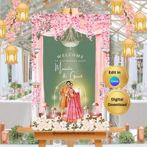 Może przedstawiać: Witamy znak weselny z zielonym tłem i różowymi kwiatowymi dekoracjami. Znak głosi "Welcome to our Mehndi Night" z nazwiskami "Manvita & Garvit" pod ilustracją pary. Złote akcenty i latarnie zdobią scenę.