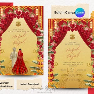 Indian Wedding Invitation Template | Editable in Canva | Hindu Punjabi Tamil Bengali Gujarati Wedding Card | Instant Download | Traditional