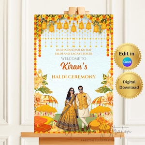 Könnte beinhalten: Dekoratives Schild für eine Haldi-Zeremonie mit Illustrationen eines Paares in traditioneller indischer Kleidung. Das Schild enthält Text in Englisch und Hindi, mit floralen und ornamentalen Details. Es wird auf einer Staffelei präsentiert.