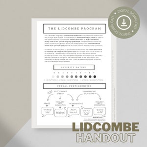 Könnte beinhalten: Ein schwarz-weißes Handout mit dem Titel "The Lidcombe Program" und einer Schweregrad-Bewertungsskala für Stottern. Das Handout enthält auch ein Diagramm der verbalen Kontingenzen für stotterfreies Sprechen und eindeutiges Stottern.