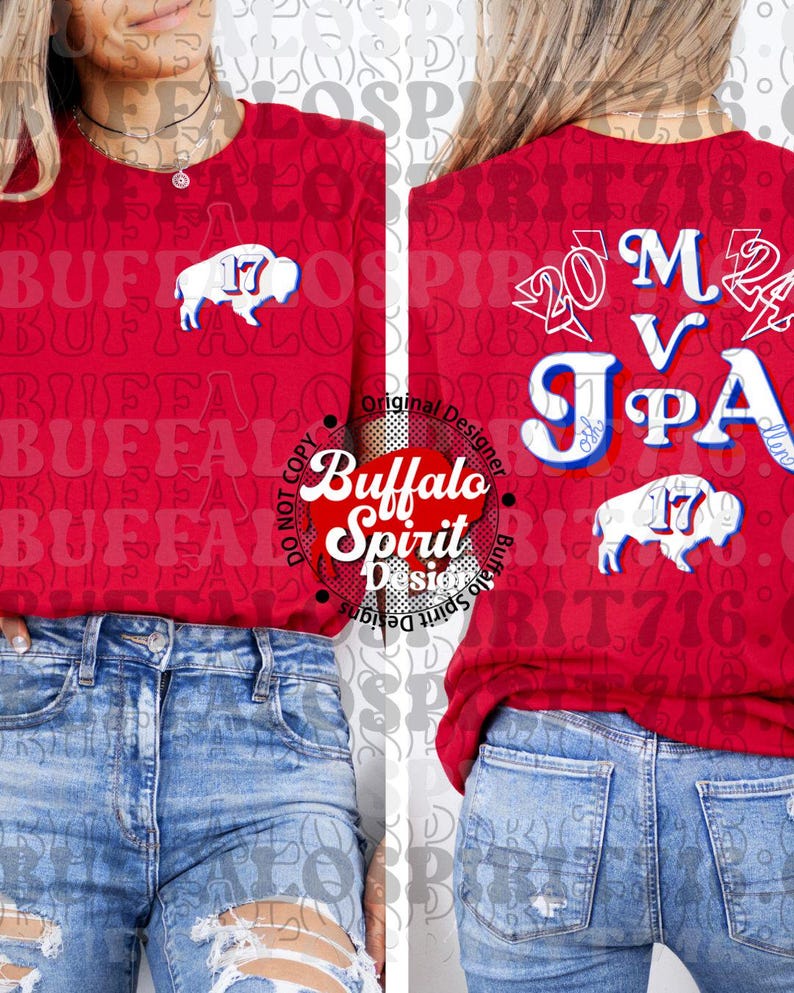 May include: A red long-sleeved shirt with a blue buffalo logo and the number 17 on the front. The back of the shirt has the text "20 M V JPA" in blue and white. The shirt is being worn by a person wearing blue jeans.