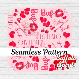 May include: A seamless pattern featuring a pink background with red hearts, cherries, arrows, and the words "Buffalo Spirit" repeated throughout. The pattern is perfect for Valentine's Day or any romantic occasion.