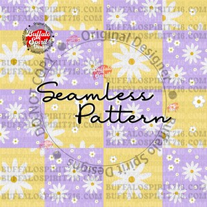 Könnte beinhalten: Ein nahtloses Muster mit weißen Gänseblümchen auf einem gelben und violetten karierten Hintergrund. Das Muster wiederholt sich über das gesamte Bild. Der Text "Buffalo Spirit Design" ist in der oberen linken und unteren rechten Ecke des Bildes sichtbar.