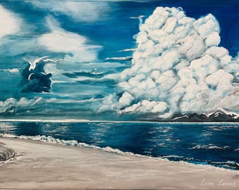 Pintura sobre lienzo, arte original, acrílico, pintura abstracta para decoración del hogar, decoración de pared, regalo personalizado, mar, océano, nubes, azul, blanco.