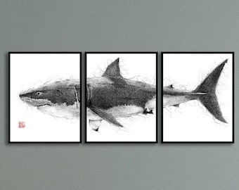 PRINTABLE Great White Shark Set of 3 Poster Pen Drawing Marine Creature Underwater Wall Bedroom Decor Office Bathroom Gift INSTANT DOWNLOAD