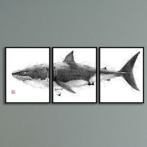 PRINTABLE Great White Shark Set of 3 Poster Pen Drawing Marine Creature Underwater Wall Bedroom Decor Office Bathroom Gift INSTANT DOWNLOAD