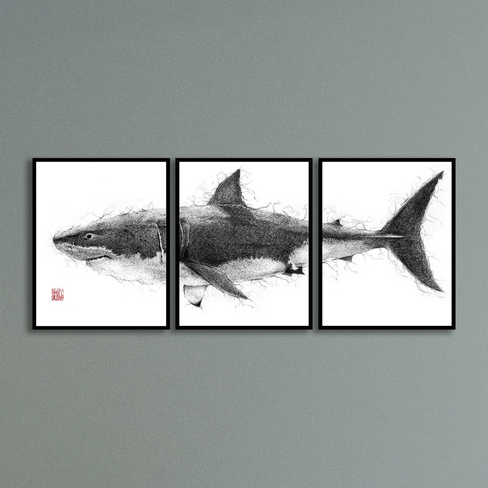 PRINTABLE Great White Shark Set of 3 Poster Pen Drawing Marine Creature ...